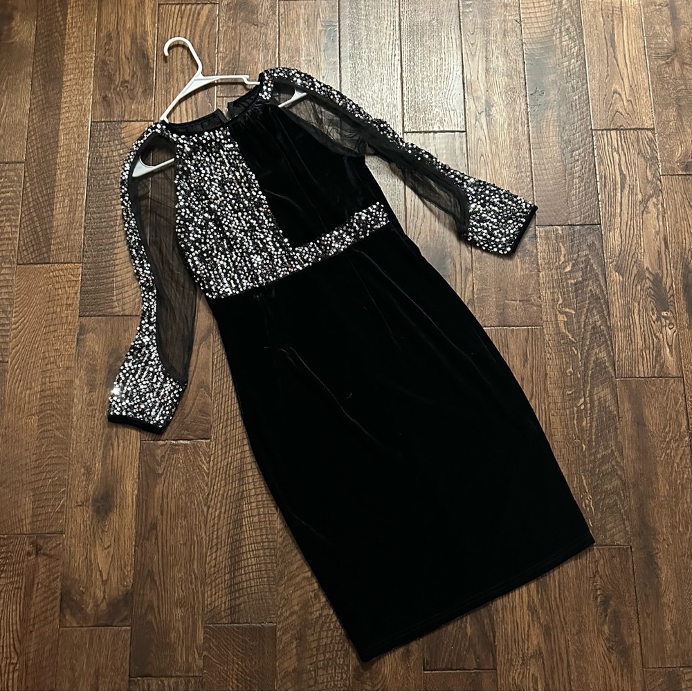 Velvet and mesh Black Dress with Sequin Details